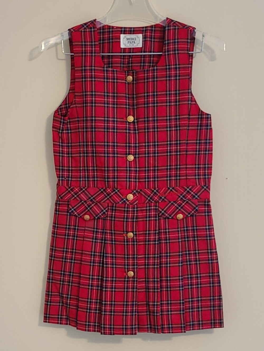 Merci Papa Girls Dark Red Tartan Plaid 100% Wool Dress Size 130 (8Y) Vintage